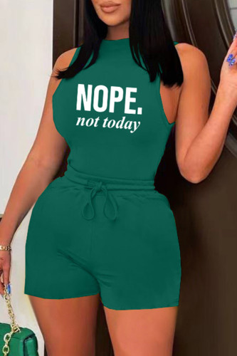 Green Casual Letter Print Basic O Neck Sleeveless Two Pieces