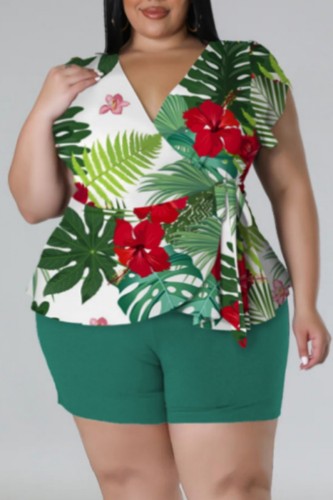 Green Casual Print Frenulum V Neck Plus Size Two Pieces