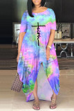 Blue Casual Print Tie-dye O Neck Short Sleeve Dress