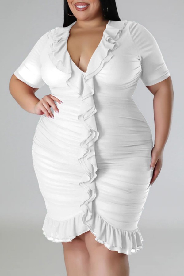 Vestido de manga corta con cuello en V y pliegues de patchwork sólido sexy blanco Vestidos de talla grande