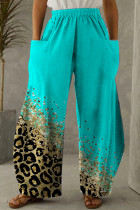 Голубые повседневные брюки с принтом в стиле пэчворк и карманами Стандартные брюки с высокой талией