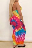 Purple Sexy Rainbow Print Tie Dye Backless Spaghetti Strap Long Cami Bodycon Maxi Dresses