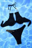 Черный сексуальный однотонный купальник с открытой спиной и уздечками в стиле пэчворк с вырезом на шее (с прокладками)