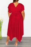 Vestidos plus size plissados ​​com decote em V liso casual vermelho