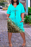 Vestido de manga curta com estampa de leopardo estampado patchwork casual
