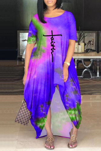 Purple Casual Print Tie-dye O Neck Short Sleeve Dress