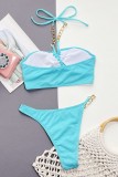 Sky Blue Sexy Solid Patchwork Frenulum Chains Backless Swimwears (With Paddings)