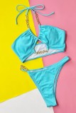 Sky Blue Sexy Solid Patchwork Frenulum Chains Backless Swimwears (With Paddings)