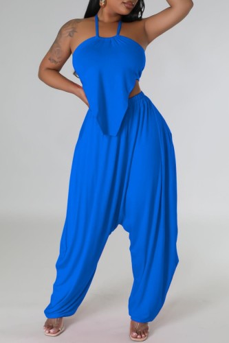 Blue Sexy Solid Bandage Backless Halter Sleeveless Two Pieces