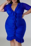 Blauwe sexy effen patchwork vouw V-hals jurk met korte mouwen Grote maten jurken