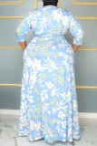 Vestidos casuais estampados azul-celeste Frenulum decote em V manga longa vestidos tamanho grande