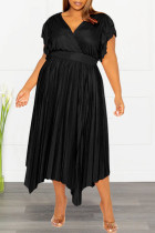 Vestidos de talla grande plisados ​​con cuello en V de patchwork sólido casual negro
