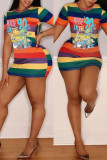Multicolor Casual Print Basic O Neck Short Sleeve Dress