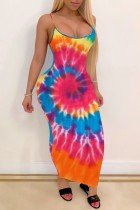 Orange Sexy Rainbow Print Tie Dye Backless Spaghetti Strap Long Cami Bodycon Maxi Dresses