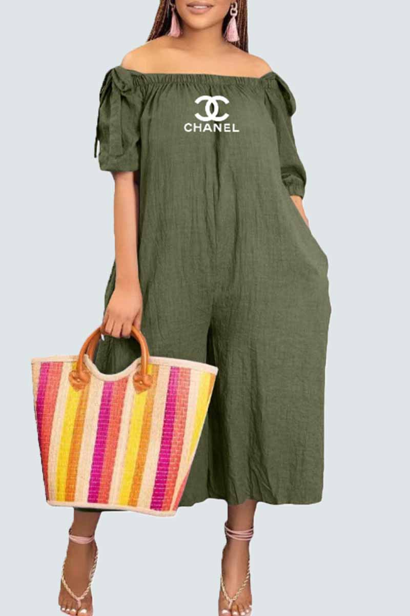 

Army Green Casual Print Letter Off the Shoulder Jumpsuits