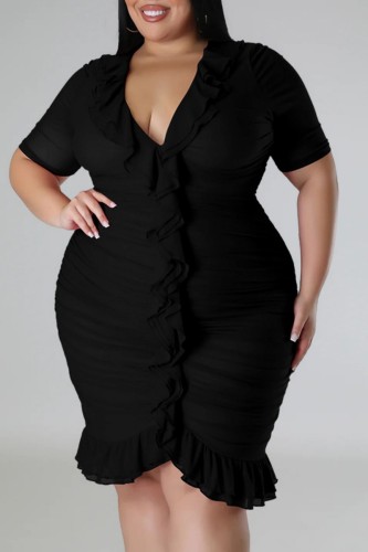 Black Sexy Solid Patchwork Fold V Neck Short Sleeve Dress Plus Size Dresses