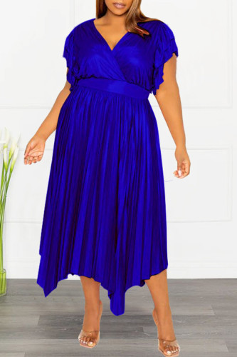 Blue Casual Solid Patchwork V Neck Pleated Plus Size Dresses