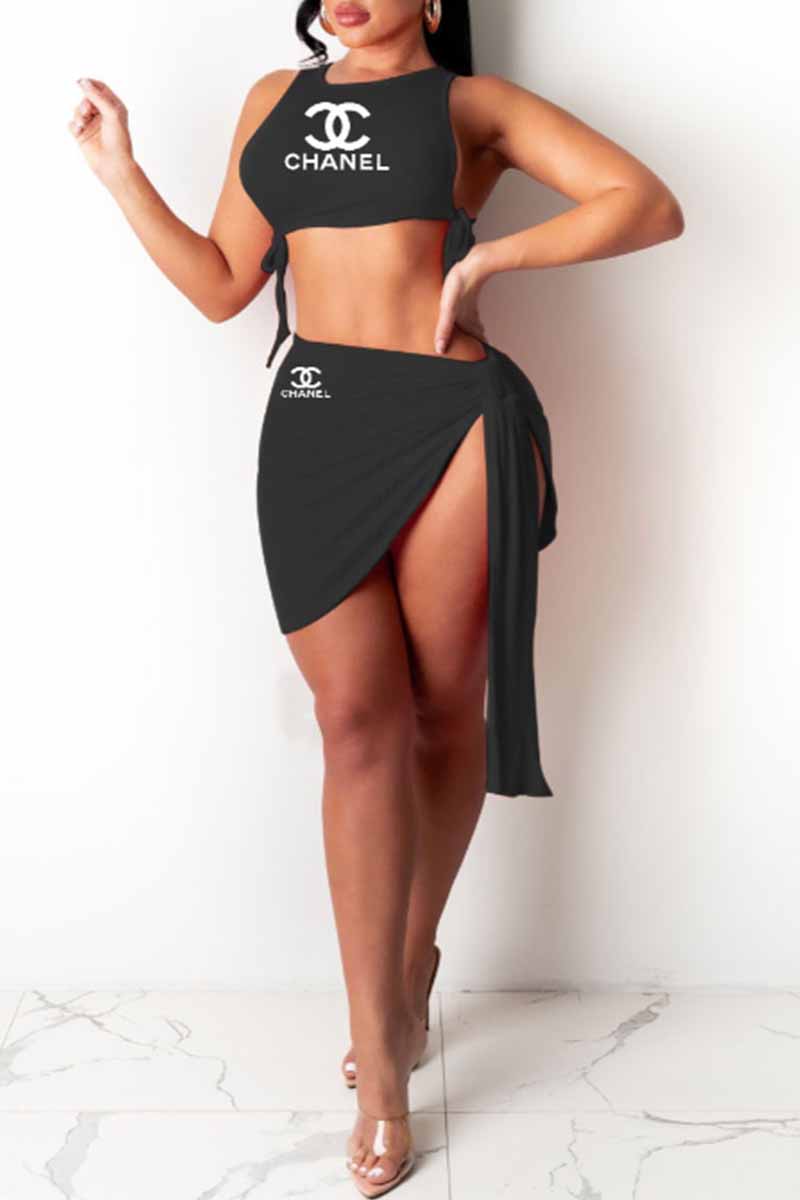 

Black Sexy Print Bandage Letter O Neck Sleeveless Two Pieces