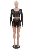 Blanc Sexy Patchwork Hot Drilling Tassel See-through O Neck Long Sleeve Two Pieces