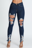 Djupblå Casual Solid Ripped Patchwork Skinny Jeans med hög midja