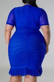 Синее сексуальное однотонное лоскутное платье с V-образным вырезом и коротким рукавом Платья больших размеров