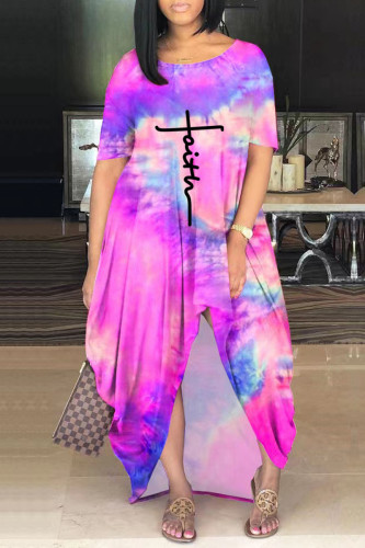 Pink Casual Print Tie-dye O Neck Short Sleeve Dress