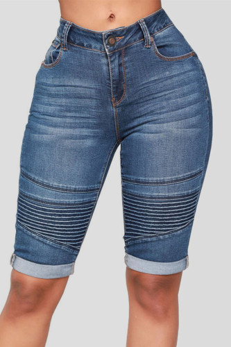 Short en jean taille haute à plis patchwork uni bleu foncé