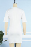 Vestido de camiseta con cuello en O de patchwork con estampado casual blanco Vestidos