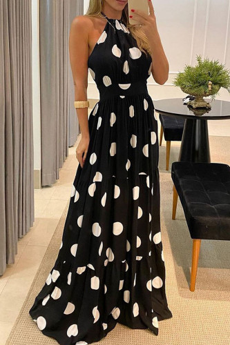 Zwarte casual zoete print polka dot patchwork backless halter rechte jurken