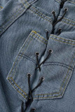 Jeans in denim a vita alta patchwork scavati con fasciatura solida blu da strada