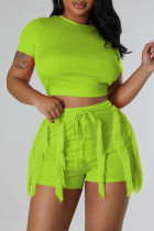 Fluorescent Green Casual Solid Tassel Patchwork O Neck Short Sleeve Two Pieces
