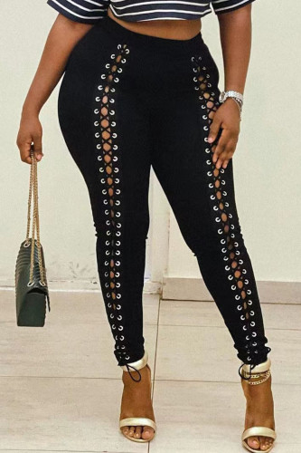 Black Street Solid Hollowed Out Patchwork Metal Accessories Decoration High Waist Pencil Solid Color Bottoms