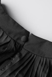 Vestidos lisos pretos casual patchwork dobrados com cinto e decote reto