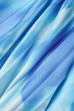Синий уличный принт Пэчворк Складки Асимметричный косой воротник Прямые платья
