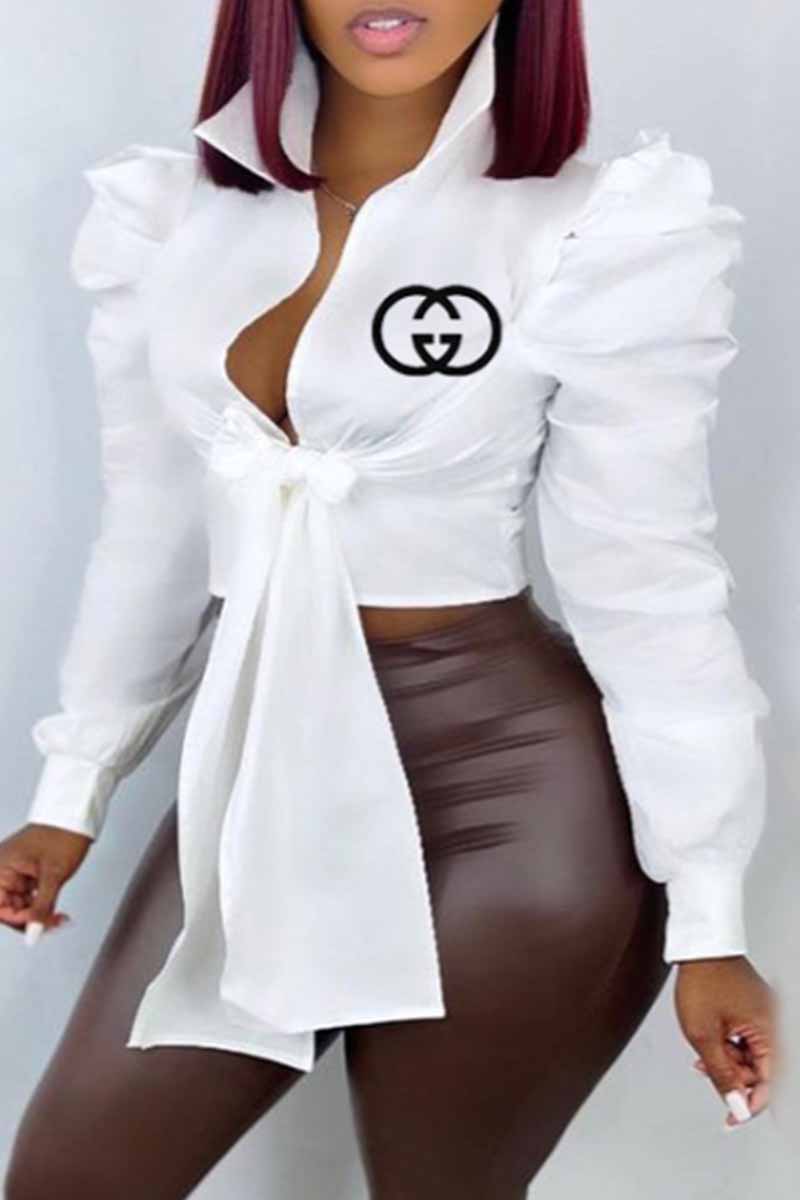 

White Sexy Print Letter Mandarin Collar Tops