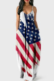 Red Stripe Sexy Striped Flag Star Print Patchwork Spaghetti Strap Sling Loose Cami Maxi Dresses
