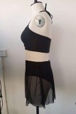 Black Sexy Solid Patchwork Backless Halter Plus Size Swimwear (With Paddings)