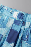 Azul Casual Estampado Patchwork Cintura Alta Perna Larga Estampa Completa