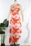 Tangerine Red Street Print Patchwork Fold Asymmetrical Oblique Collar Straight Dresses