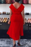 Красное повседневное однотонное платье с открытой спиной и круглым вырезом с коротким рукавом Платья
