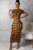 Leopard print Chemical fiber blend Sexy Cap Sleeve Short Sleeves O neck Step Skirt Ankle-Length Print 