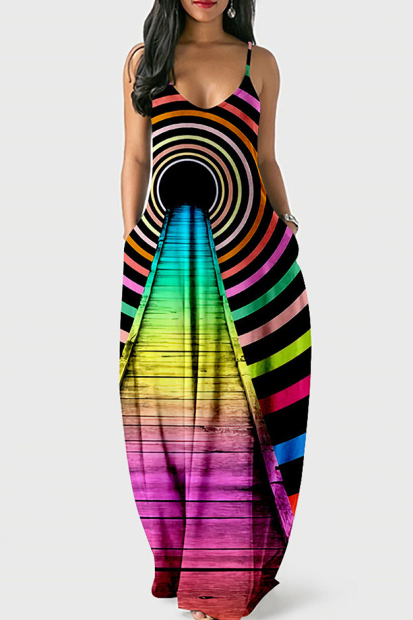 Farbe Sexy Print Patchwork Spaghetti Strap Sling Kleid Kleider