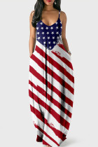 Red White Sexy Striped Flag Star Print Patchwork Spaghetti Strap Sling Loose Cami Maxi Dresses