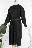 Black Casual Solid Patchwork Fold With Belt O Neck Straight Dresses