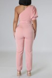 ピンク カジュアル ソリッド バックレス 斜め襟 レギュラー ジャンプスーツ