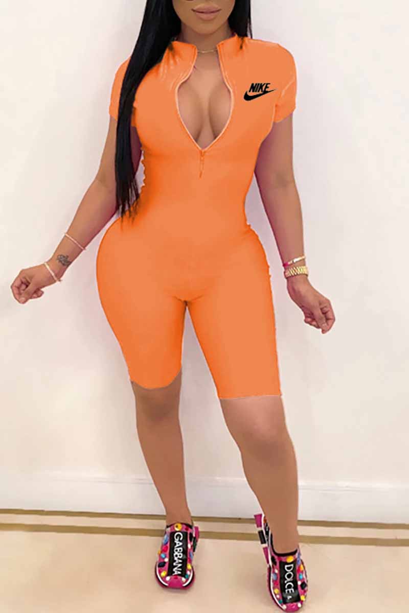 

Orange Casual Print Letter Zipper Collar Jumpsuits