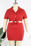 Rouge Casual Solide Patchwork Boucle Turndown Collar Plus Size Two Pieces