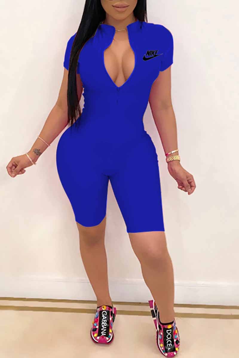 

Blue Casual Print Letter Zipper Collar Jumpsuits