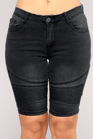 Black Street Solid Patchwork Fold High Waist Denim Shorts