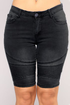 Schwarze Street Solid Patchwork-Falten-Jeansshorts mit hoher Taille